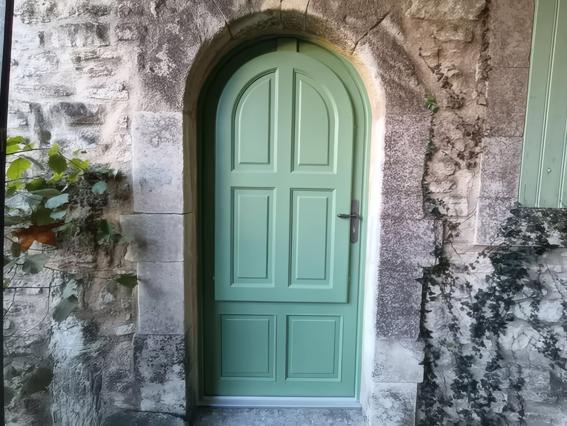 Porte d’entrée cintrée sur-mesure en bois, sur un encadrement de pierre provençale, réalisée par La Menuiserie Notarianni